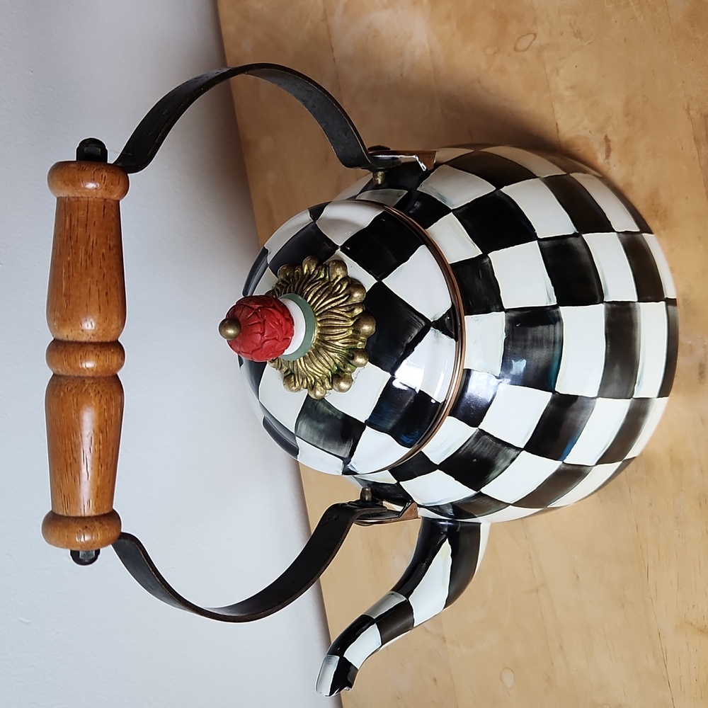 MacKenzie-Childs Courtly Check Enamel 2-Quart Tea Kettle - Picture 2 of 12